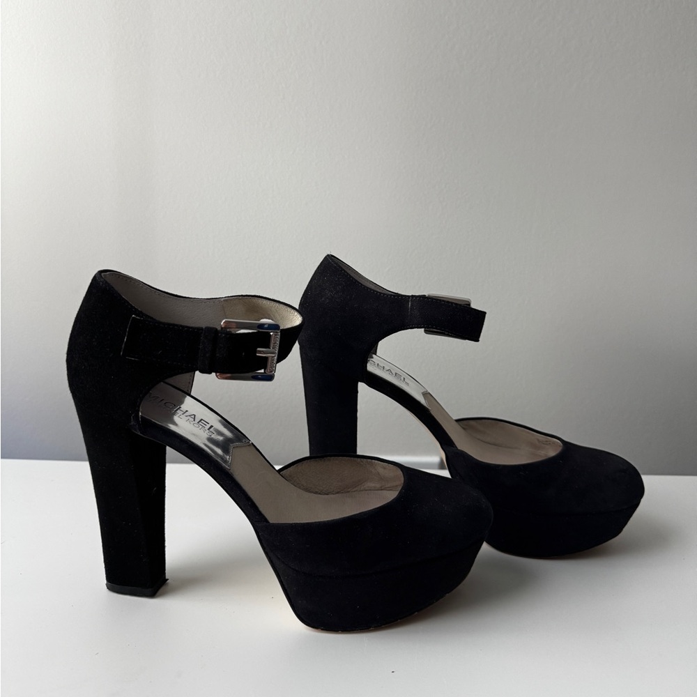Michael Kors Black Suede Platform Mary Jane Heels with Ankle Strap